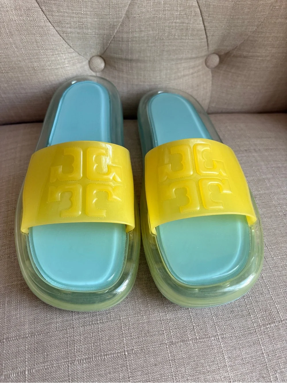 Tory Burch Yellow & Light Blue Slide Sandals